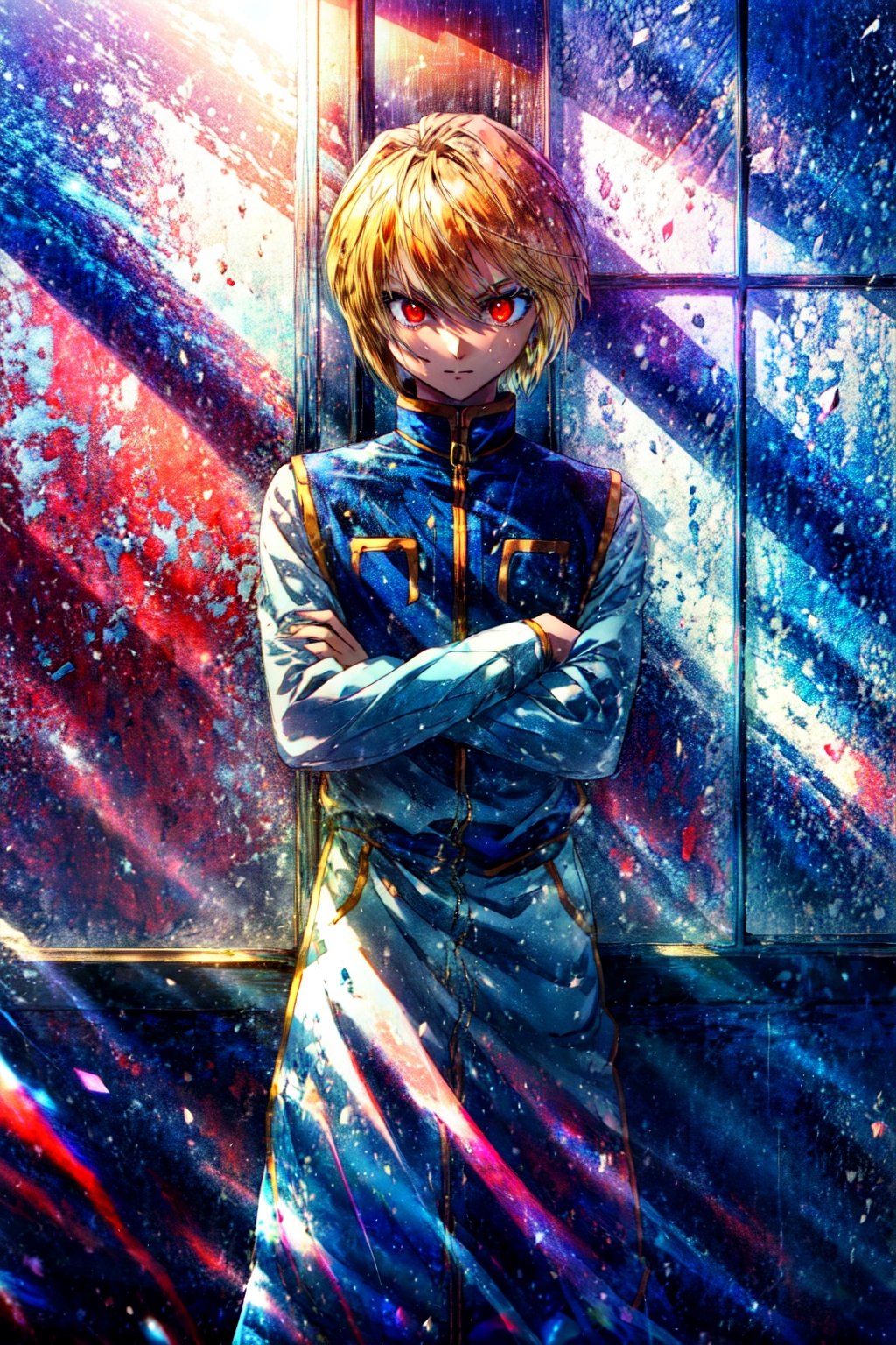 (cowboy shot), sfw, (masterpiece), (best quality:1.0), (ultra highres:1.0), detailed eyes
BREAK
   Kurapika, 1boy, male focus, red eyes, smug, arms crossed
 fh
BREAK
(window, indoors, gorgeous view)