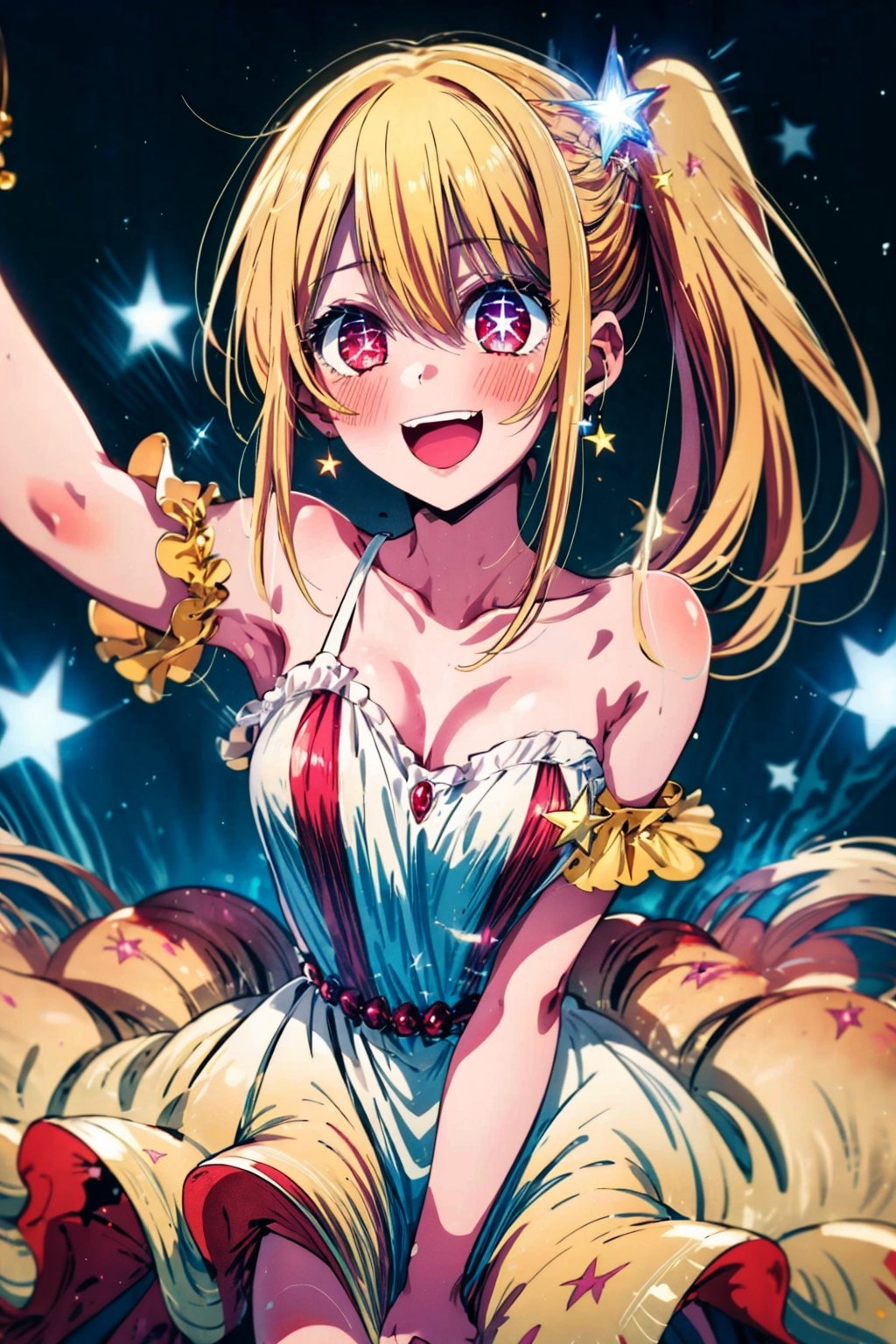 1girl, solo, , Hoshino Ruby, symbol-shaped pupils, (left star-shaped pupils:1.2), sparkling eyes, (star in left eye:1.2), symbol in eye, red eyes, long hair, blonde hair, bangs, blush, (side ponytail:1.1), (dress:1.2), on the stage, idol, dancing, spotlight, smile, (masterpiece:1.2), highres, best quality, 8k, very clear,MOLESTATION,ruby hoshino