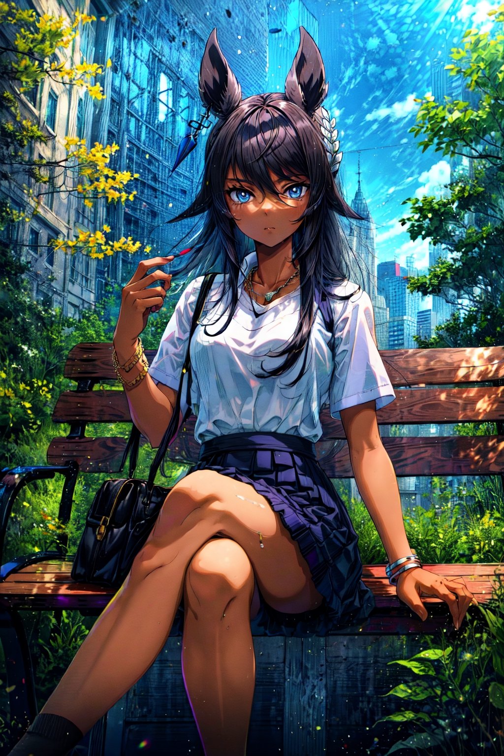 masterpiece, best quality, symboli kris s \(umamusume\), shoulder bag, bracelet, necklace, crossed legs, sitting, on bench, outdoorts, white shirt, shirt stuck in skirt, black skirt, pencil skirt,