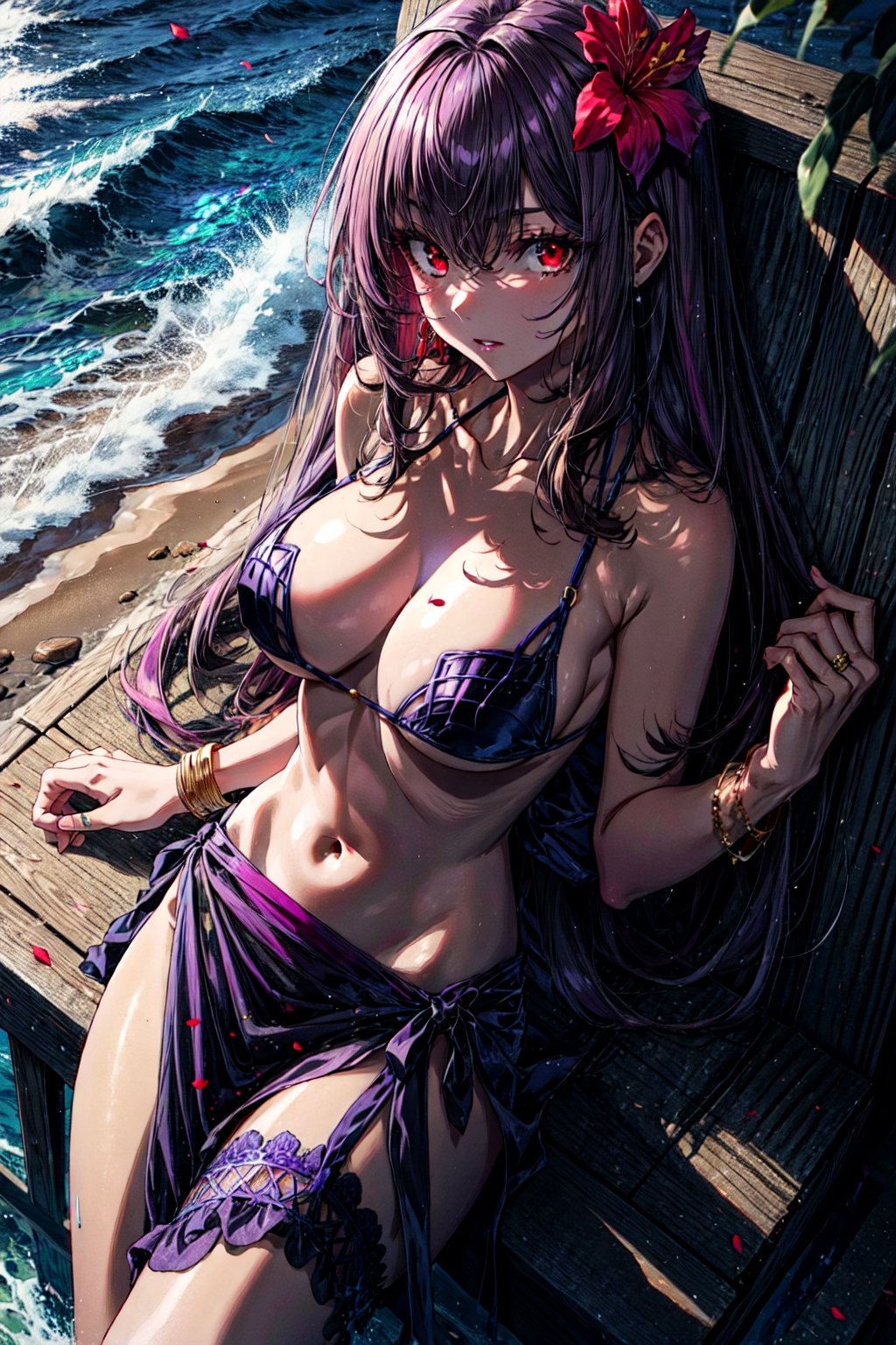 scathach, , scathach, long hair, purple hair, (red eyes:1.5), BREAK bare shoulders, bikini, bracelet, bridal garter, cleavage, collarbone, flower, hair flower, hair ornament, hibiscus, jewelry, navel, purple bikini, sarong, swimsuit, thighs, BREAK outdoors, beach, BREAK looking at viewer, BREAK , (masterpiece:1.2), best quality, high resolution, unity 8k wallpaper, (illustration:0.8), (beautiful detailed eyes:1.6), extremely detailed face, perfect lighting, extremely detailed CG, (perfect hands, perfect anatomy),