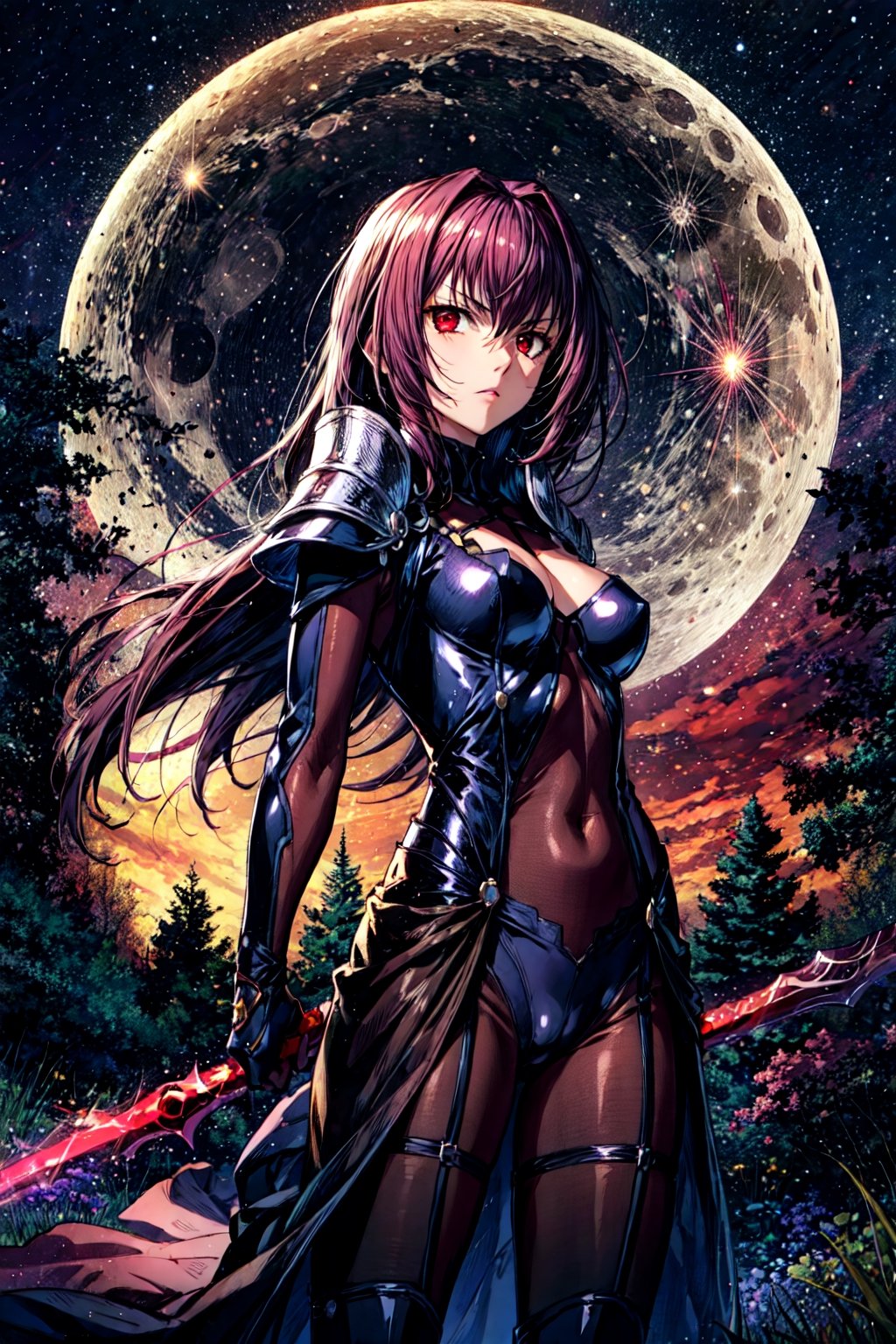 scathach, scathachBodysuit, masterpiece, best quality, absurdres, 1girl, standing, cowboy shot, looking at viewer, serious, forest, moon, night, spear, weapon, gae bolg,EpicSky,Circle