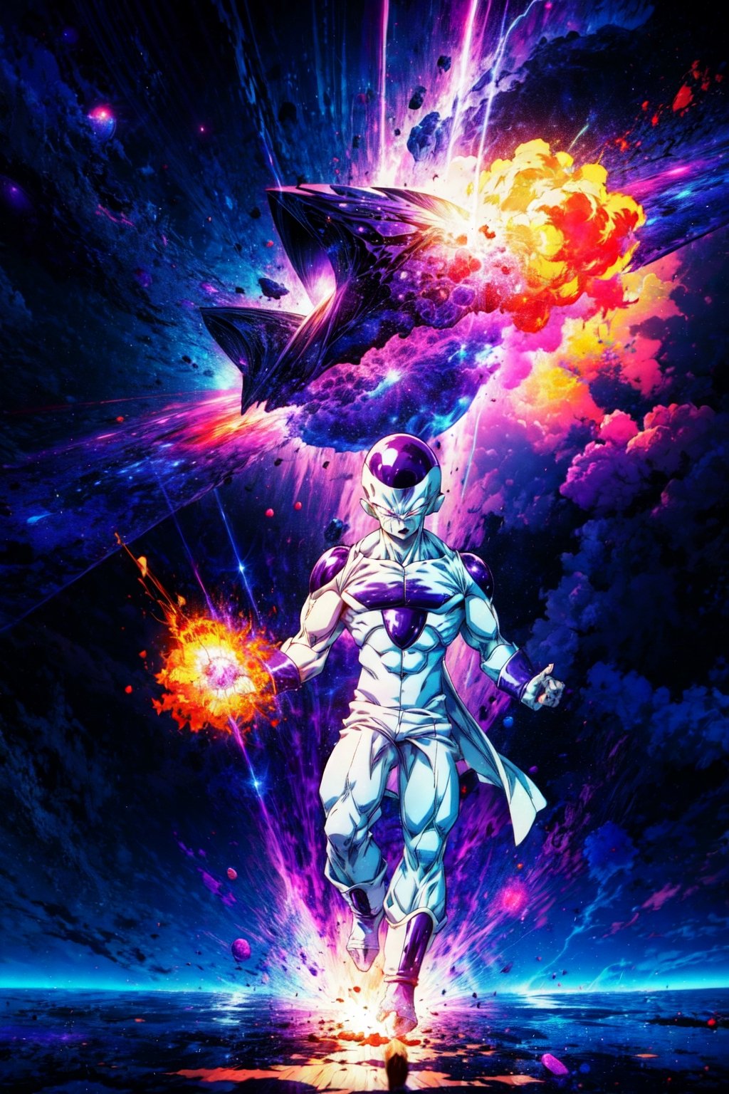 Frieza,full body, high quality, hires, plasma beam, large explosion,purple space aesthetic,CLOUD