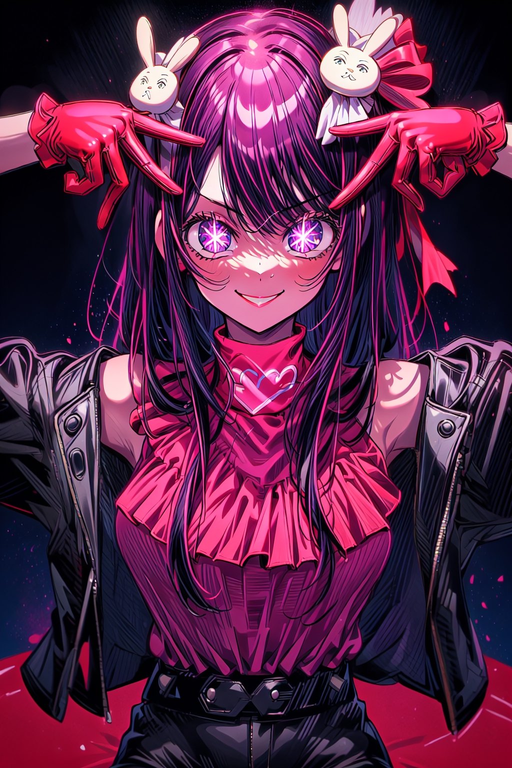 upper body, friday night funkin, 1girl, Hoshino Ai, smiling, black jacket, pants, red gloves, red shirt, ai's pose, v, double v, symbol-shaped pupils, perfect hands,yofukashi background