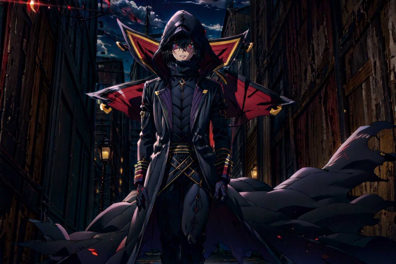 (masterpiece,best quality, high resolution:1.2),dark dynamic lighting, , ChopioKagenou walking towards, menacing, centered, short hair, black hair, hair between eyes, hooded cloak, black coat, trench coat, black gloves, black pants, red eyes, glowing eyes, evil grin, parted lips, open mouth, detailed face, (solo:1.2),