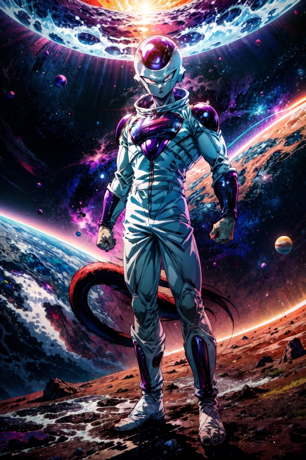 masterpiece, best quality, frieza, 1boy, clenched hands, earth \(planet\), full body, looking at viewer, male focus, tail, planet, red eyes, solo, space