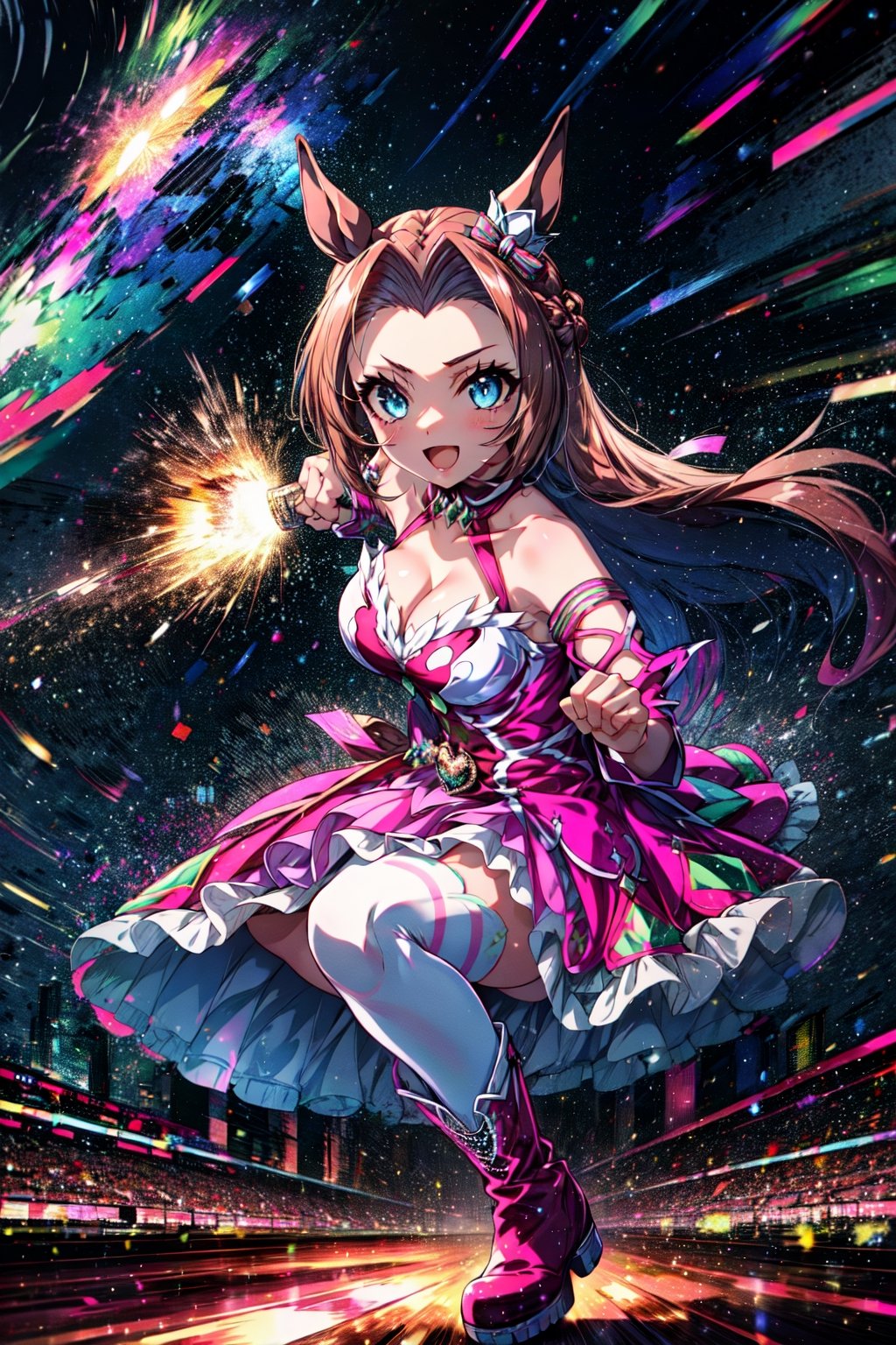 masterpiece, best quality, kawakami princess \(umamusume\), open mouth, smile, (eye trail, light trail:1.2), incoming punch, punching, ear ornament, pink dress, bare shoulders, cleavage, sleeveless dress, detached sleeves, pink sleeves, white thighhighs, pink footwear, boots