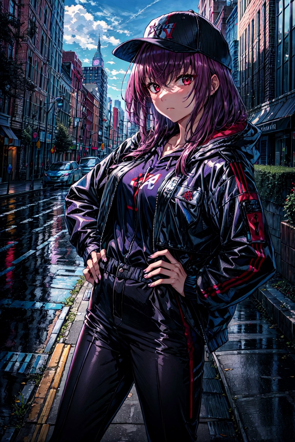 scathach, (masterpiece, best quality:1.2), , cowboy shot, solo, 1girl, scathach \(fate\), expressionless, closed mouth, looking at viewer, hand on hip, long purple hair, baseball cap, hooded jacket, black pants, cityscape street