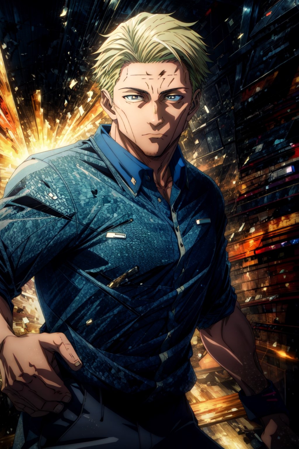 masterpiece, hyper detailed, highres, good anatomy, solo, nanami, blue shirt, suit, action pose, pants, square jaw, muscular male, (middle-aged man:1.3), looking at viewer, 1boy,