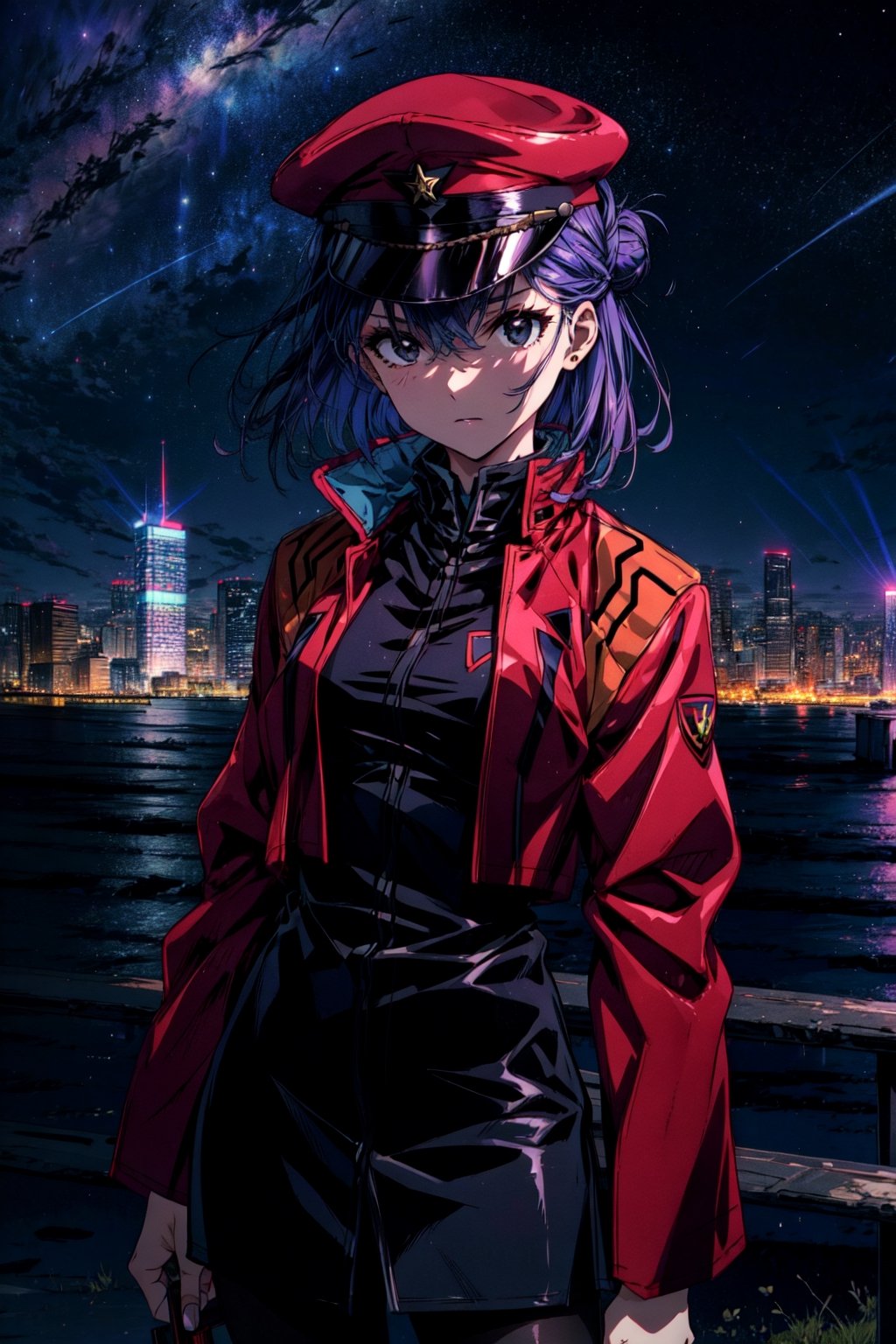 masterpiece, best quality,  misato, black eyes, short hair, hair between eyes, hair bun, peaked cap, red coat, military uniform, black pantyhose, standing, cityscape, cowboy shot, night sky, looking at viewer