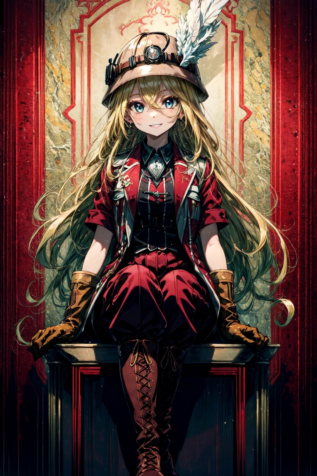 masterpiece, best quality, highres, 1girl very long hair blonde hair curly hair, red jacket helmet whistle short sleeves brown gloves red pants hat feather boots  sitting, smile, patterned background