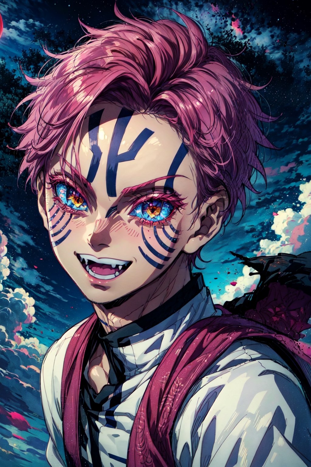 Ultra-realistic 8k CG, masterpiece, ((ultra-detailed background, delicate pattern, intricate details)), best quality, very detailed face, extremely detailed eyes and face, extremely detailed eyes,1boy, solo,pink hair,short hair,pink eyebrows,pink eyelashes,yellow eyes, pink waistcoat,white pants,tattoo,line tattoo,black tattoo,open mouth ,naughty face, :d,long fangs, ,akaza,outdoors, night sky, full moon, red moon, perched on a cloud, (fantasy illustration:1.3), enchanting gaze, captivating pose, otherworldly charm, mystical sky, (Luis Royo:1.2), (Isayama Hajime:1.1), moonlit night, soft colors, (detailed cloudscape:1.3), (high-resolution:1.2),looking at viewer, ,akaza kimetsu, , 