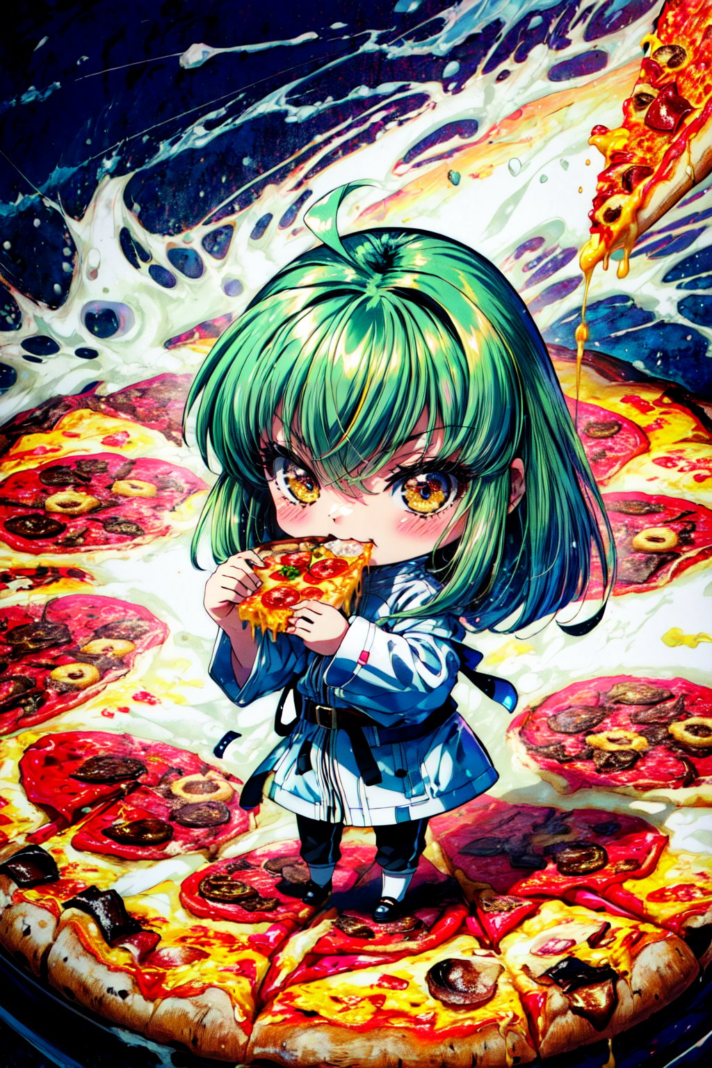 absurdres, (best quality), (masterpiece),(ultra-detailed:1.2),ultra high res,(chibi:1.5), 1girl,(smirk:1.1), eating,pizza,eating pizza,drooping,melting pizza,melting cheese,  c.c.,(white Straitjacket:1.4) ,green hair,long sleeves,black belt, 