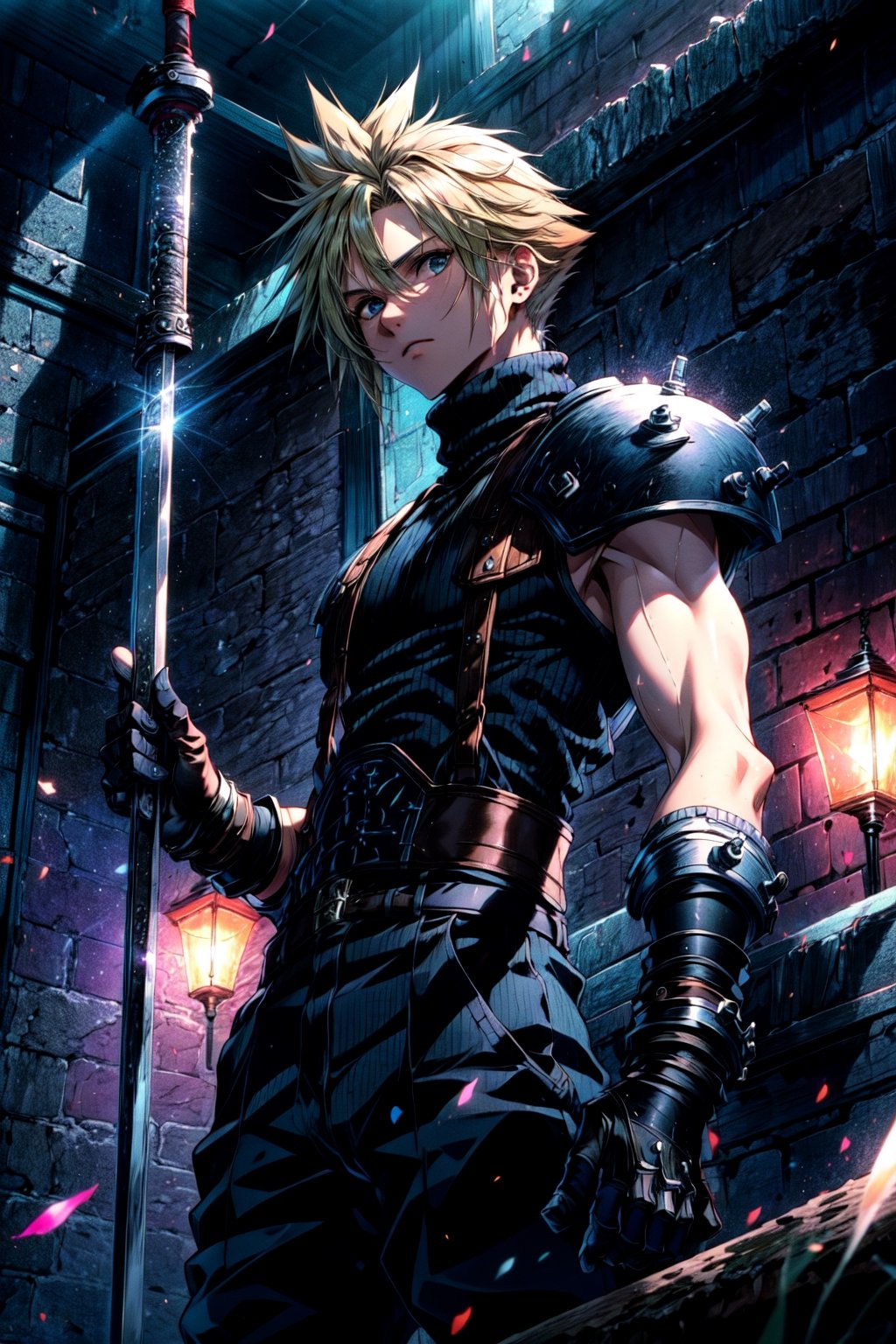 ((masterpiece,best quality)),,cloud strife,shoulder armor,sleeveless turtleneck,suspenders,belt,gloves,bracer,baggy pants,tavern,looking at viewer,(looking cool),final fantasy vii remake,detailed background,perfect lighting,stone,metal buildings,sands,weapon great sword, 