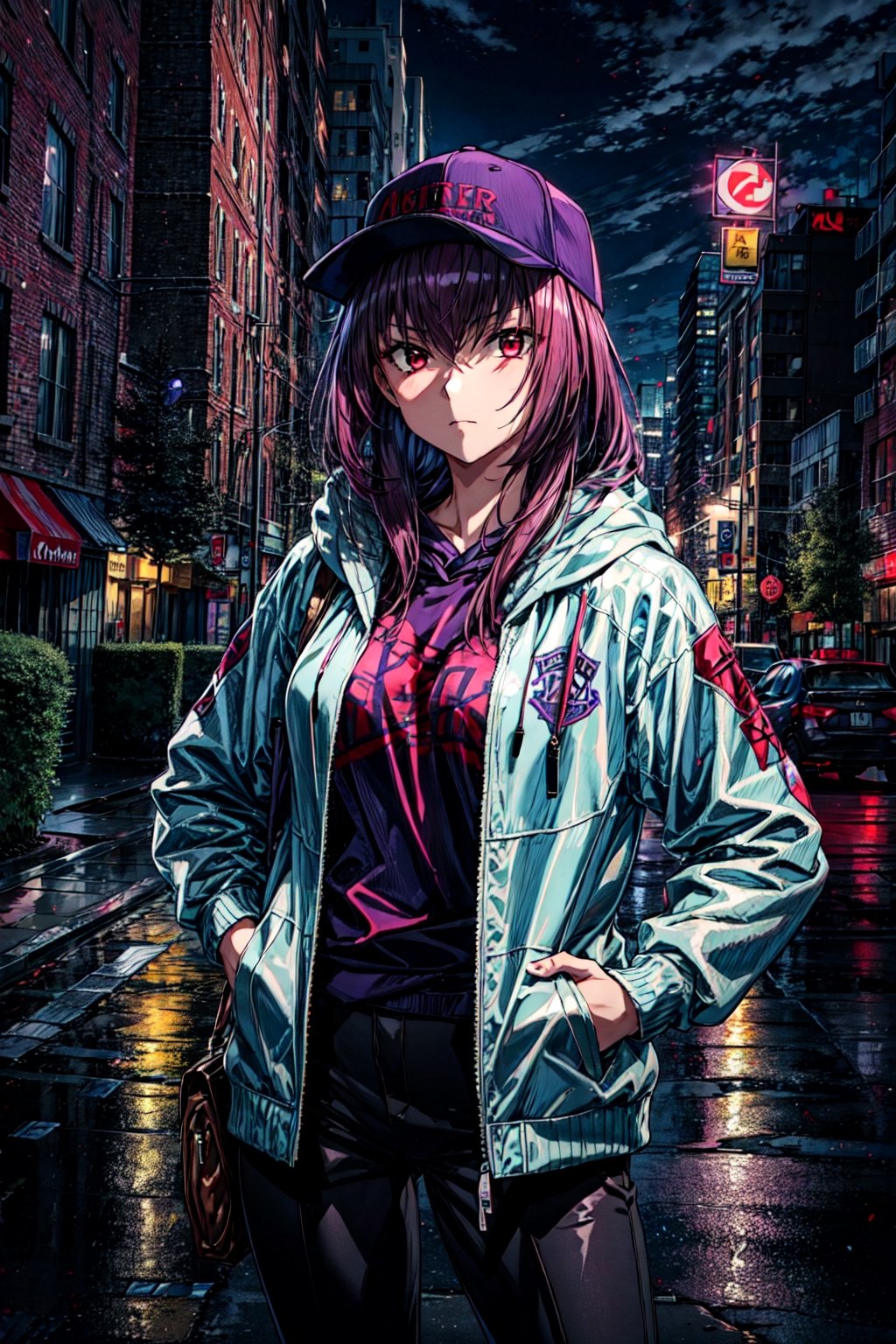 scathach, (masterpiece, best quality:1.2), , cowboy shot, solo, 1girl, scathach \(fate\), expressionless, closed mouth, looking at viewer, hand on hip, long purple hair, baseball cap, hooded jacket, black pants, cityscape street