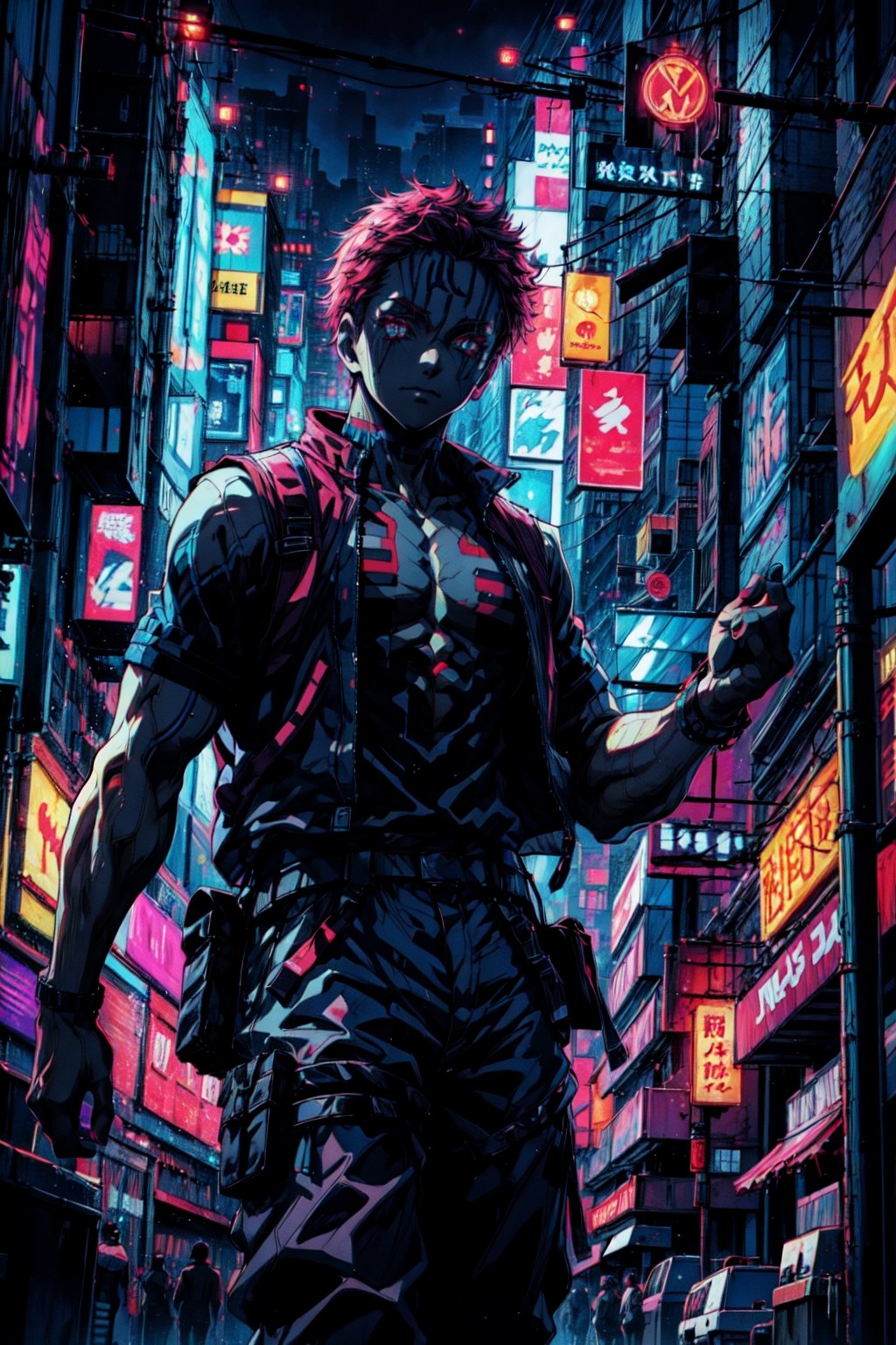 masterpiece,best quality,high quality,digital illustration,super detailed,vibrant colors,akaza,neon lights,looking at viewer,cyberpunk city background,detailed background,neon aesthetics,perfect lighting,