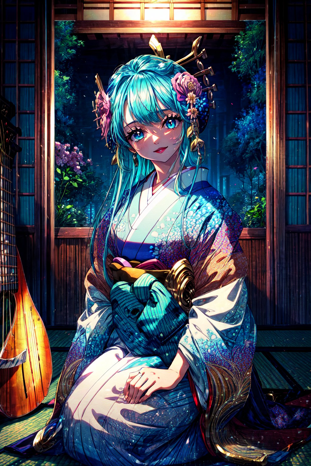 masterpiece, ultra detailed background, delicate pattern, intricate detail, highly detailed, fine details, best quality, studio lighting, front lighting, 4K, 8K, beautiful detailed eyes, glowing eyes, shine eyes, smile, opened lips, aqua hair, aqua eyes, blue eyes, long hair, hair ornament, flower ornament, hair flower, bangs, hair stick, hair rings, Japanese kimono, Kabukicho, (Shamisen musical instrument:1.3), kneeling position, Tatami, face to camera, looking at viewer, , Kozuki Hiyori,