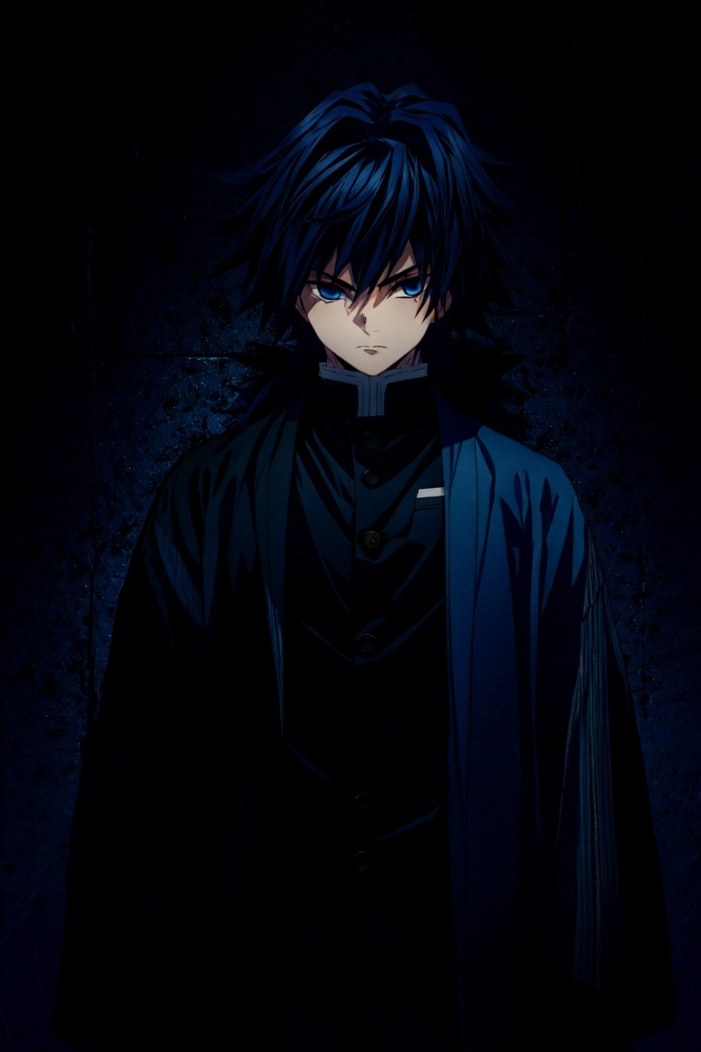 tomioka giyuu, demon slayer, 1boy, solo, upper body, blue background, emphasis lines, looking at viewer, long hair, blue eyes, black hair, standing, jacket, male focus, japanese clothes, black jacket, demon slayer uniform,