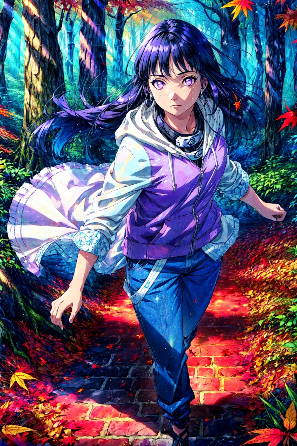 photorealistic, (4k), depth of field, (Masterpiece), (realistic skin texture), extremely detailed, intricate, hyper detailed, professional photography, bokeh, high resolution, sharp detail, best quality, girl, long hair, black hair, purple eyes, empty eyes, purple hooded jacket, headband around neck, konohagakure symbol, blue pants, fishnets, ,  ,  , dynamic pose, (crossed ankles), autumn forest, autumn leaves, fallen leaves, wind, tree alley, closed hoodie,