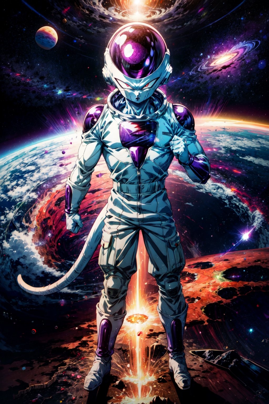 masterpiece, best quality, frieza, 1boy, clenched hands, earth \(planet\), full body, looking at viewer, male focus, tail, planet, red eyes, solo, space