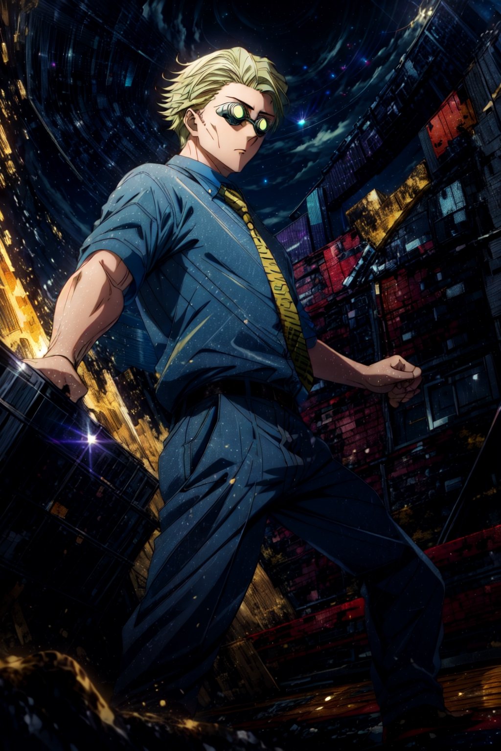 masterpiece, hyper detailed, highres, good anatomy, solo, nanami, blue shirt, suit, yellow tie, action pose, night sky, pants, goggles