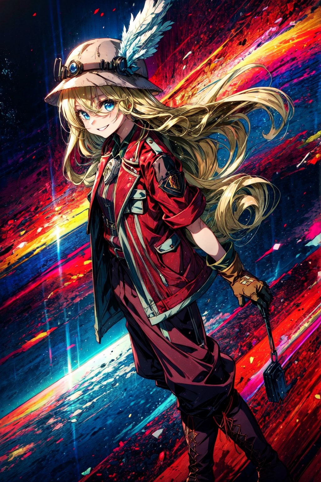 masterpiece, best quality, highres, 1girl very long hair blonde hair curly hair, red jacket helmet whistle short sleeves brown gloves red pants hat feather boots  from side, looking at viewer, smile