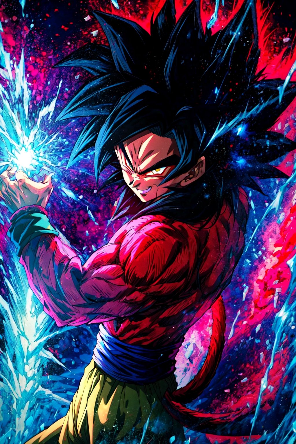 , redice, red theme, (red glow,:1.1) , big ice crystals, ,((masterpiece,best quality)), absurdres, energy, aura, electricity, , Super_Saiyan_4_Goku, 1boy, male focus, super saiyan, tail, wristband, pants, red fur, black hair, solo, smiling, looking at viewer, cowboy shot,