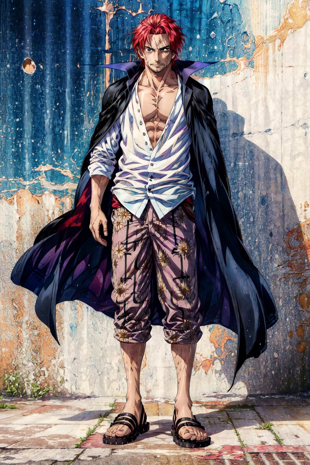 Shnks, solo, shirt, 1boy, black eyes, red hair, sandals,cape, shirt, partially unbuttoned, facial hair, scar,  full body, wryyyyyyyyyyyyyyyyyyyy,