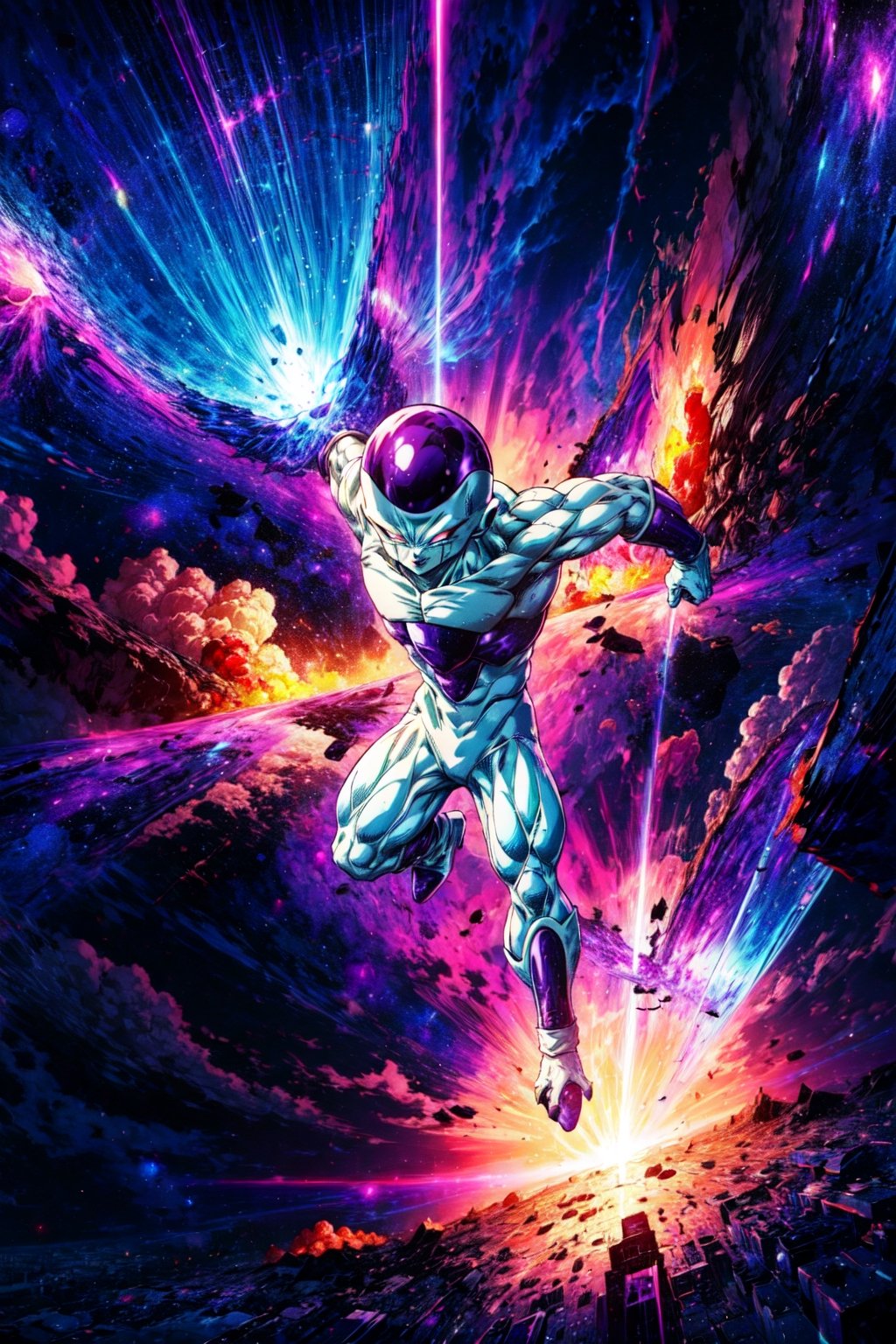 Frieza,full body, high quality, hires, plasma beam, large explosion,purple space aesthetic,CLOUD