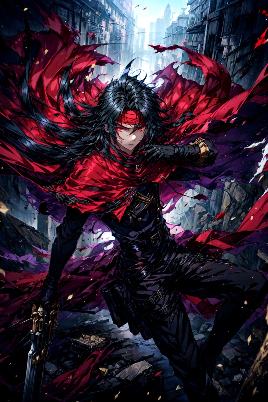 absurdres, ultra detailed, 1boy, , long black hair, red eyes, red cloak, red headband, holding weapon, revolver, torn cloth