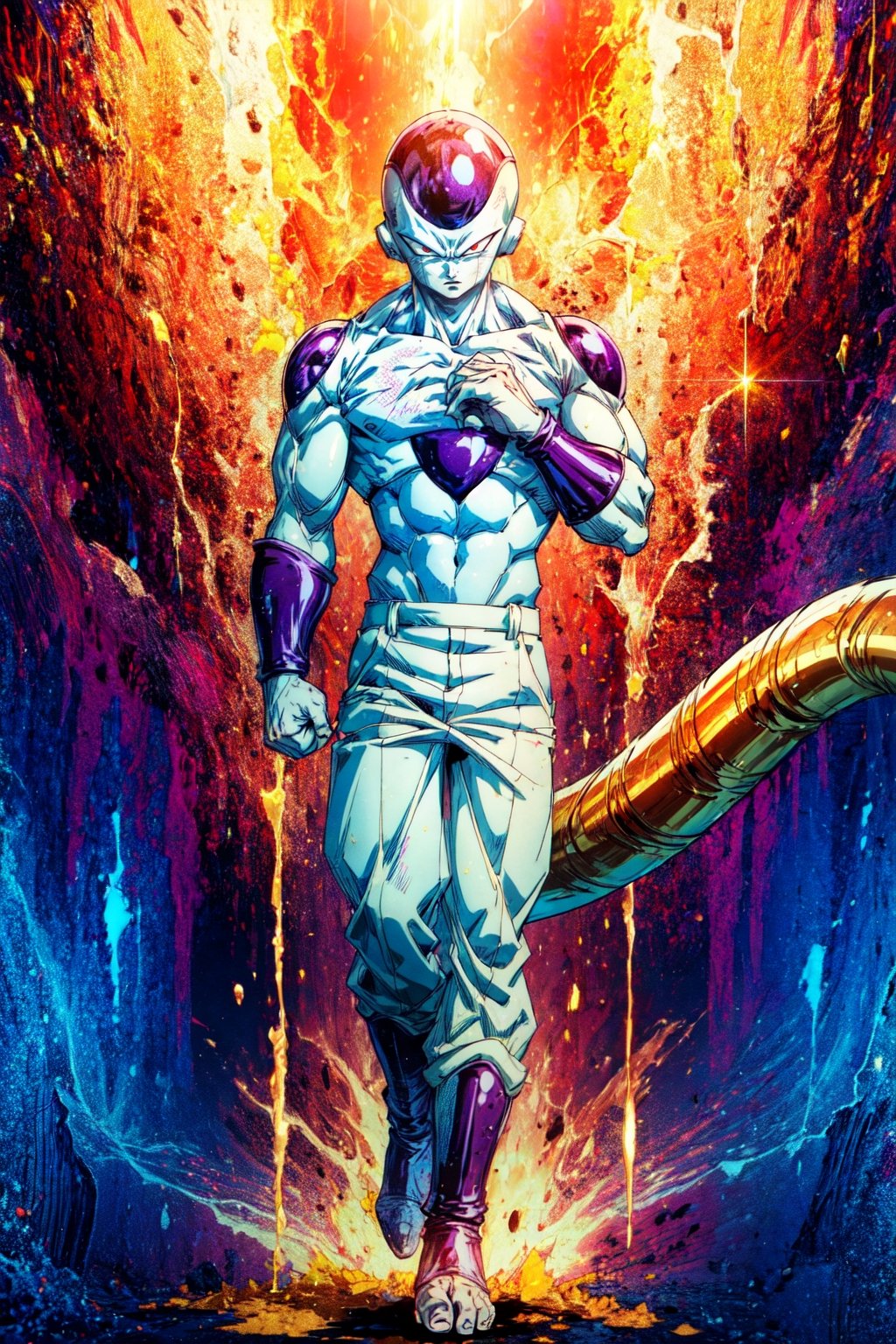 masterpiece, best quality, 1boy, golden frieza, golden skin, clenched hands, full body, looking at viewer, male focus, red eyes, solo, tail, patterned background,