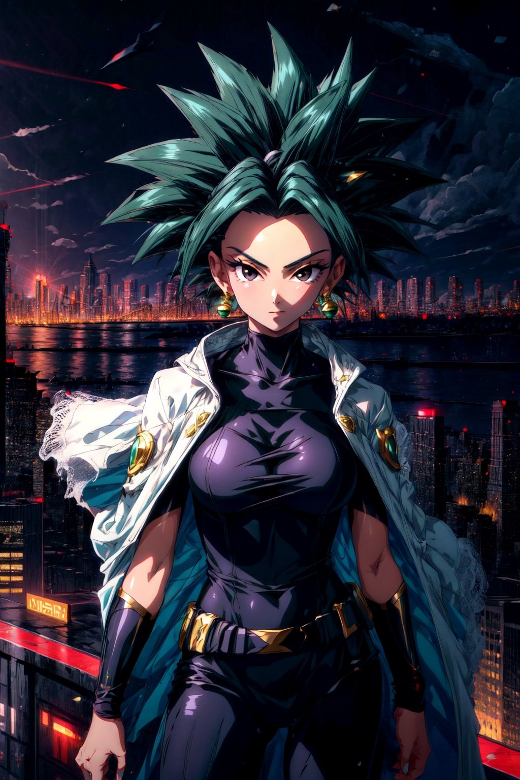 1girl, solo, masterpiece, best quality, Kefla, (black hair), black eyes, toned, green earrings, black bodysuit, hero costume, white cape, smug, looking at viewer, city, night, standing on edge of rooftop, urban