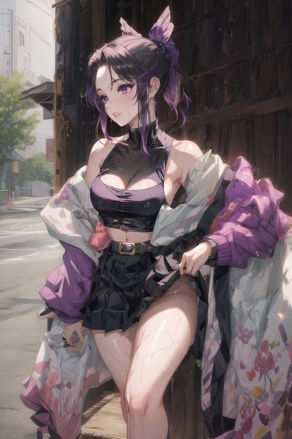 realistic, 1girl, ponytail, parted lips, makeup, light smile, black and purple hair, skirt, wet clothes, glow, thighs, purple eye, bare shoulders, collarbone, narrow waist, sunbeam, sunlight, rose, wind, cleavage, (masterpiece), sweat, shinobu kochou