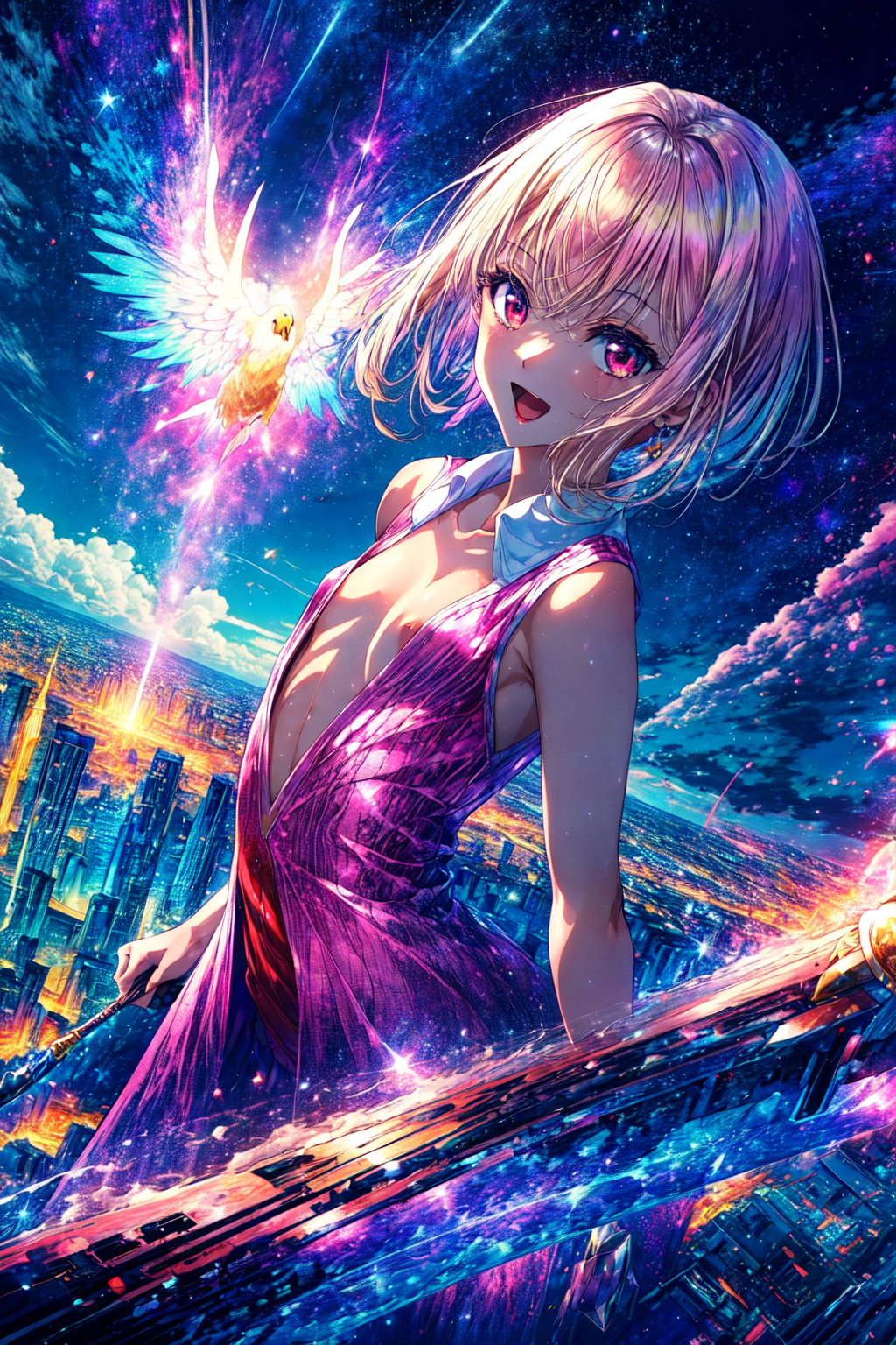 ((masterpiece,best quality)), 4k, 8k ,highres,fantasy,beautiful detailed cloud,night sky,galaxy,wand,starry sky,moon,cute,pink dress,short,action pose,perspective,dutch angle,cityscape,ZweiFrom, Illya Final Form,happy,open mouth, flat chest,((small_breasts)),