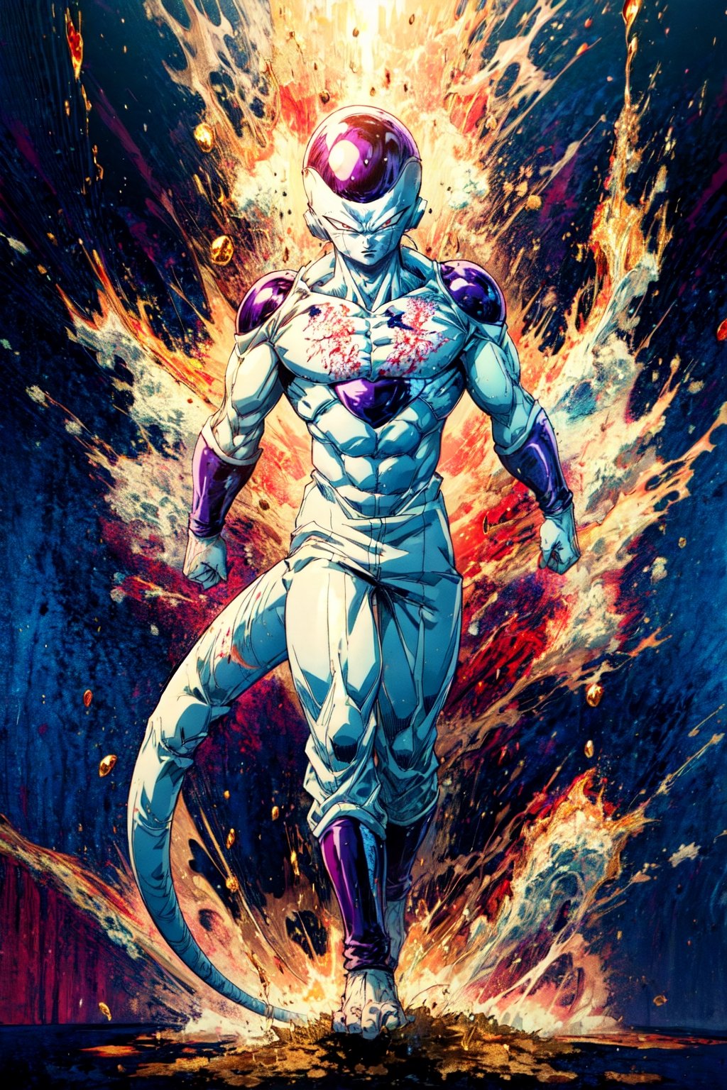 masterpiece, best quality, 1boy, golden frieza, golden skin,clenched hands, full body, looking at viewer, male focus, red eyes, solo, tail, patterned background