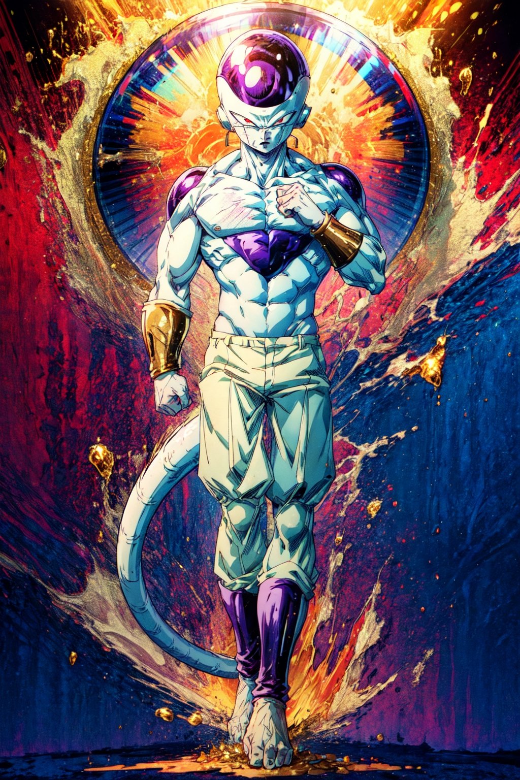 masterpiece, best quality, 1boy, golden frieza, golden skin, clenched hands, full body, looking at viewer, male focus, red eyes, solo, tail, patterned background,