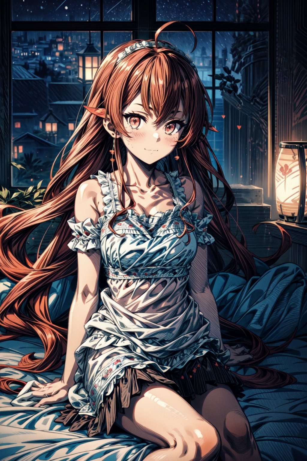 best quality, (masterpiece:1.2), detailed,,1girl, solo, closed mouth, slight smile, slight blush,long hair, red hair, ahoge, red eyes,nightgown, frills, bare shoulders, collarbone, sleevelesssitting, on bed, looking at the viewer,indoors, window, night