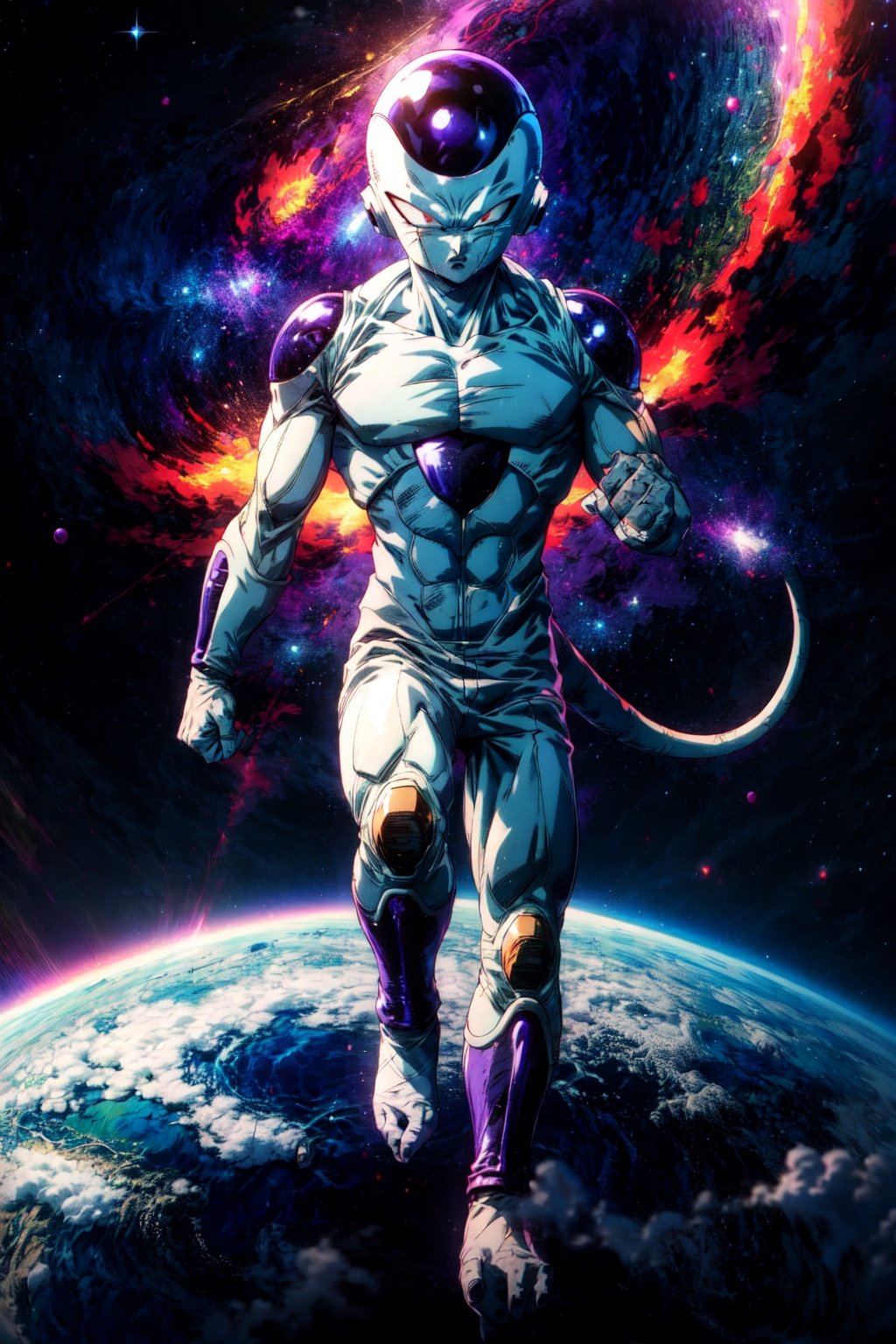 masterpiece, best quality, frieza, 1boy, clenched hands, earth \(planet\), full body, looking at viewer, male focus, tail, planet, red eyes, solo, space