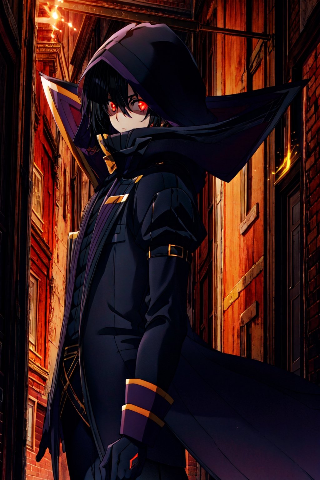 (masterpiece), high quality, highly detailed background, 1boy, solo, , ChopioKagenou, short hair, black hair, hair between eyes, hooded cloak, black coat, trench coat, black gloves, black pants, red eyes, glowing eyes, looking to side, from side,