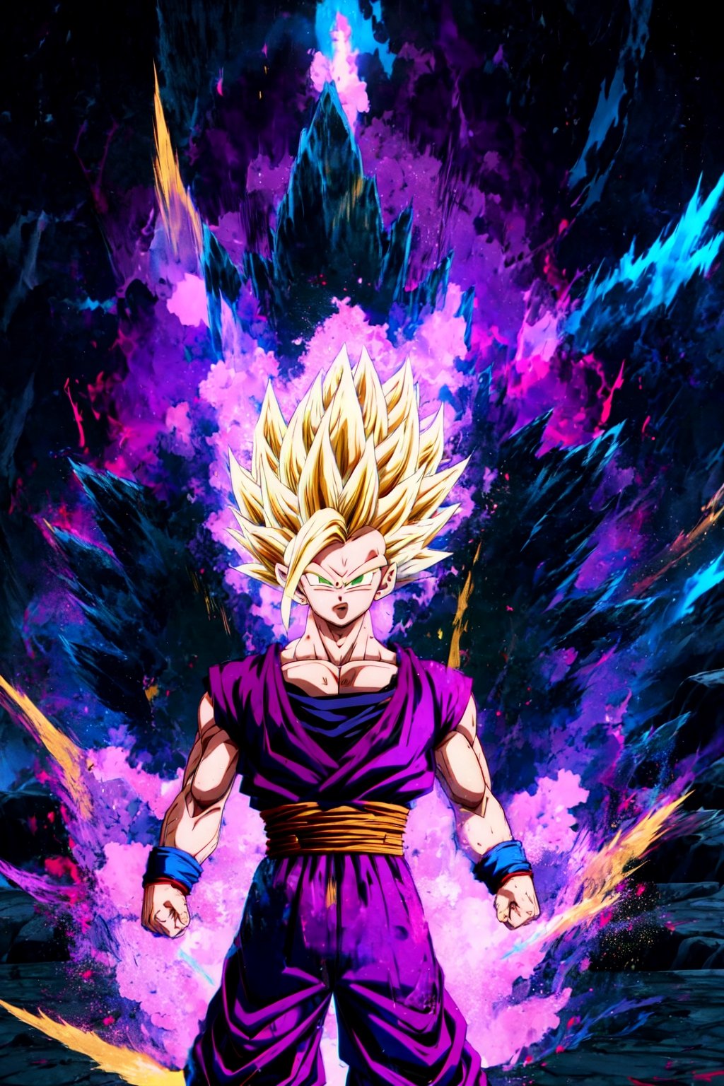 (ssj2), 1boy, yellow hair, green eyes,cowboy shot,yellow aura, electricity,naked purple dougi, purple pants, (blue wristband), red sash, sleeveless,v-neck,looking at viewer,(best quality, masterpiece),Ki Charge,midjourney