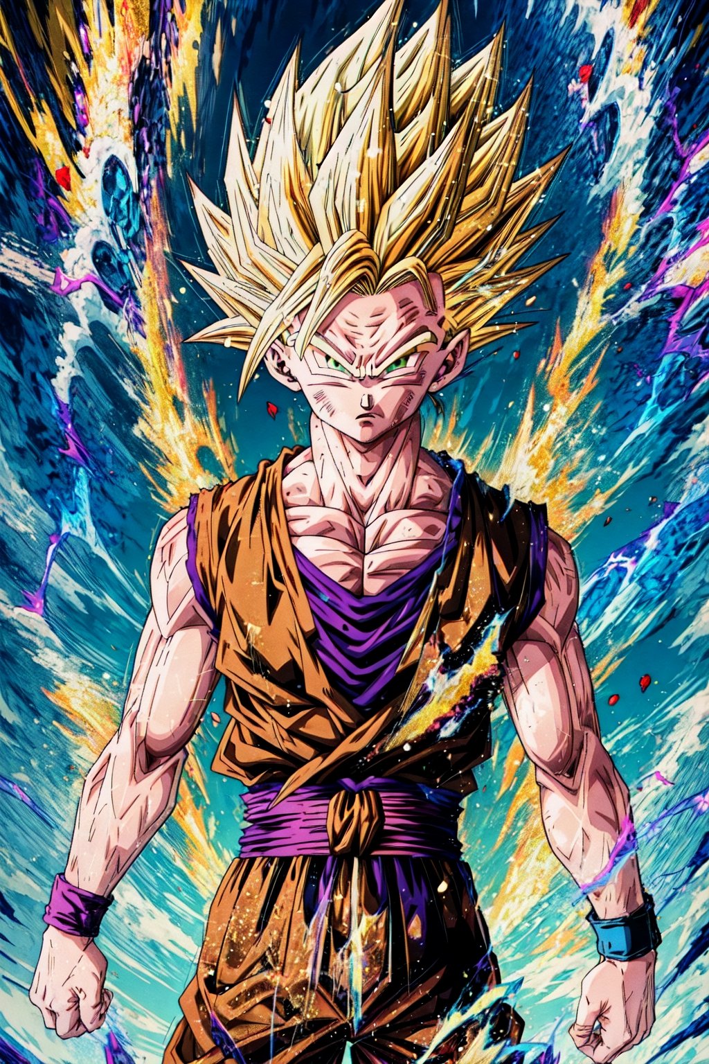 (ssj2), 1boy, yellow hair, green eyes,cowboy shot,yellow aura, electricity,naked purple dougi, purple pants, (blue wristband), red sash, sleeveless,v-neck,looking at viewer,(best quality, masterpiece),Ki Charge