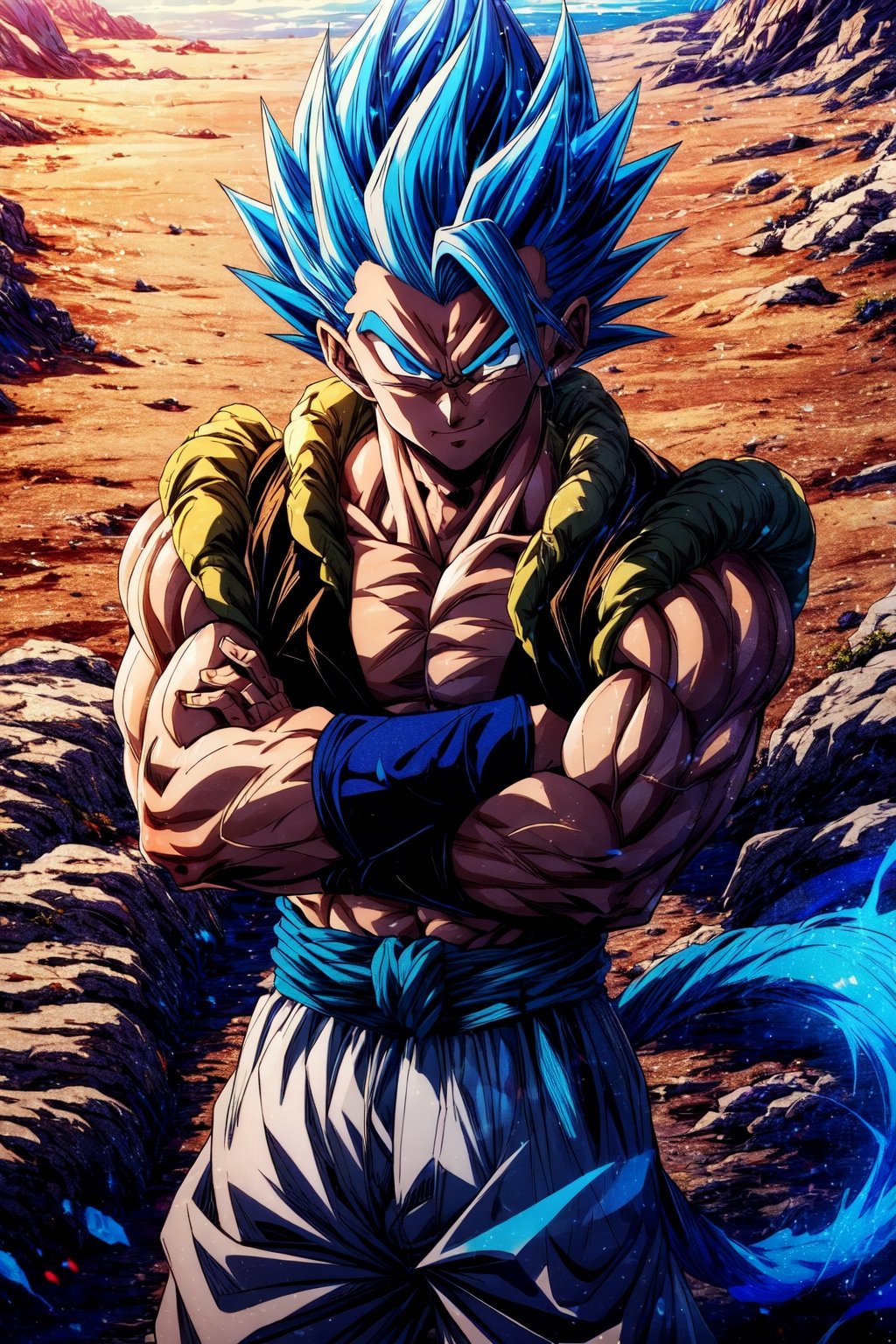 (masterpiece, best quality:1.2), , cowboy shot, solo, male focus, 1boy, gogeta, muscular male, smirk, looking at viewer, crossed arms, blue hair, blue eyes, vest, blue sash, white pants, wristband, tail, pectorals