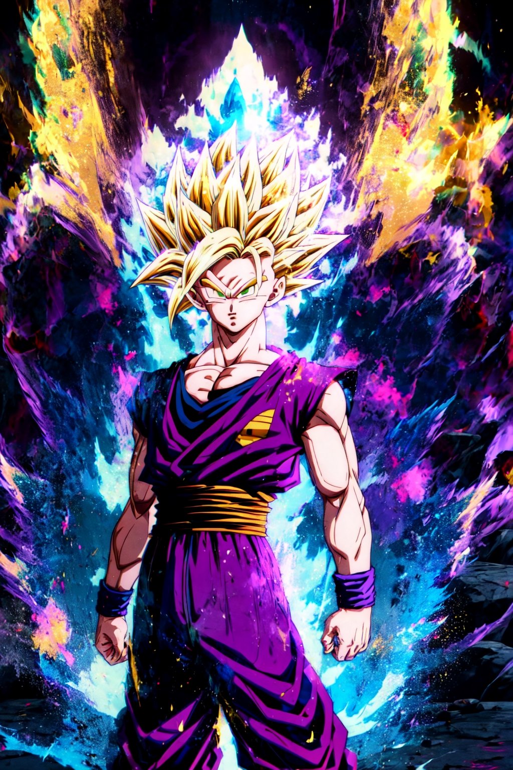 (ssj2), 1boy, yellow hair, green eyes,cowboy shot,yellow aura, electricity,naked purple dougi, purple pants, (blue wristband), red sash, sleeveless,v-neck,looking at viewer,(best quality, masterpiece),Ki Charge,midjourney