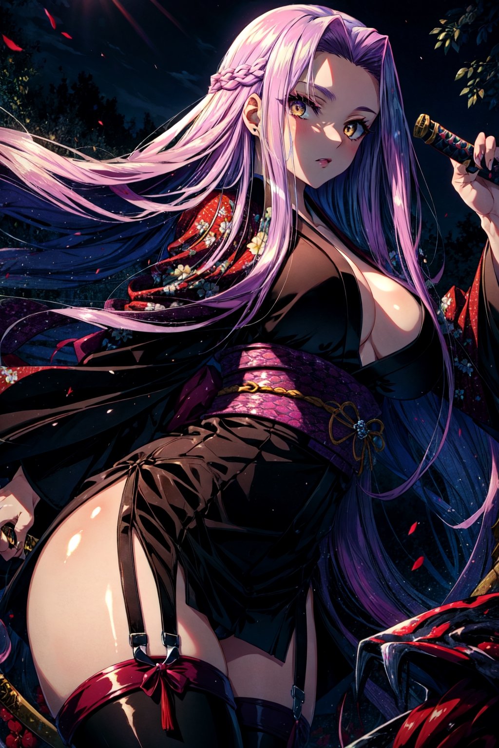 (masterpiece:1.4), (best quality:1.4), 1girl, , medusa (rider) (fate),long hair, medusa (fate), purple hair, solo, yellow eyes,large breasts, very long hair, night, thighhighs, (kimono), 2katana, lingerie,