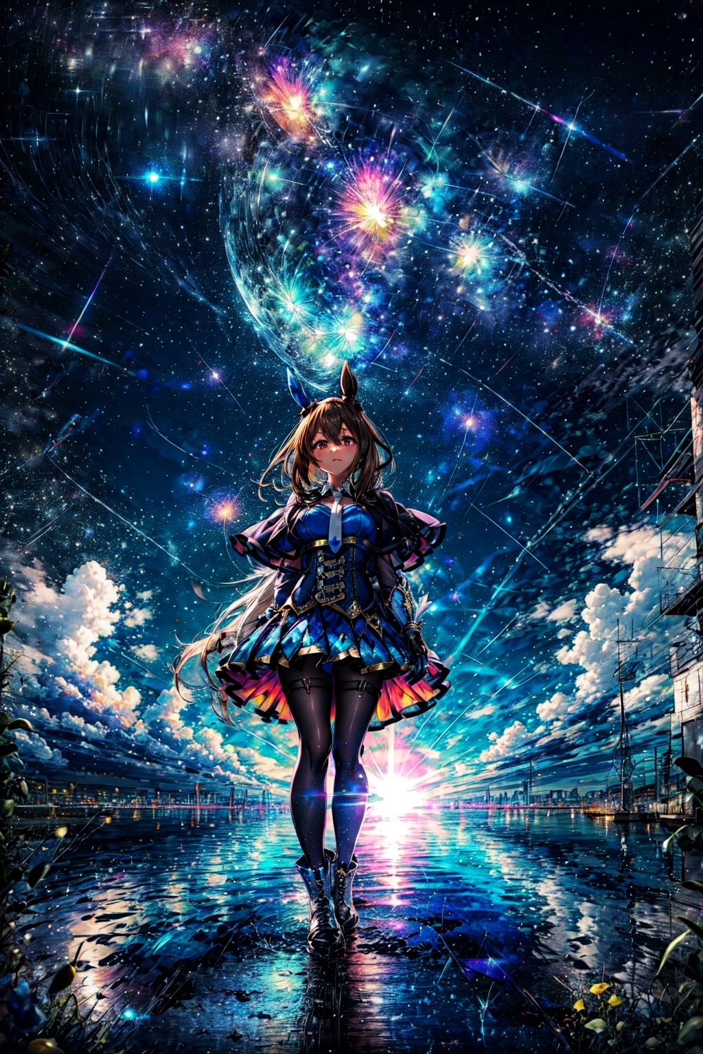 masterpiece, best quality, admire vega \(umamusume\), starry sky, night, horizon, standing, looking up, white necktie, skirt, long sleeves, white footwear, thigh strap, black pantyhose, boots, shirt, puffy sleeves, pleated skirt, buttons, corset, capelet, fingerless gloves, black gloves, mismatched footwear ,CLOUD