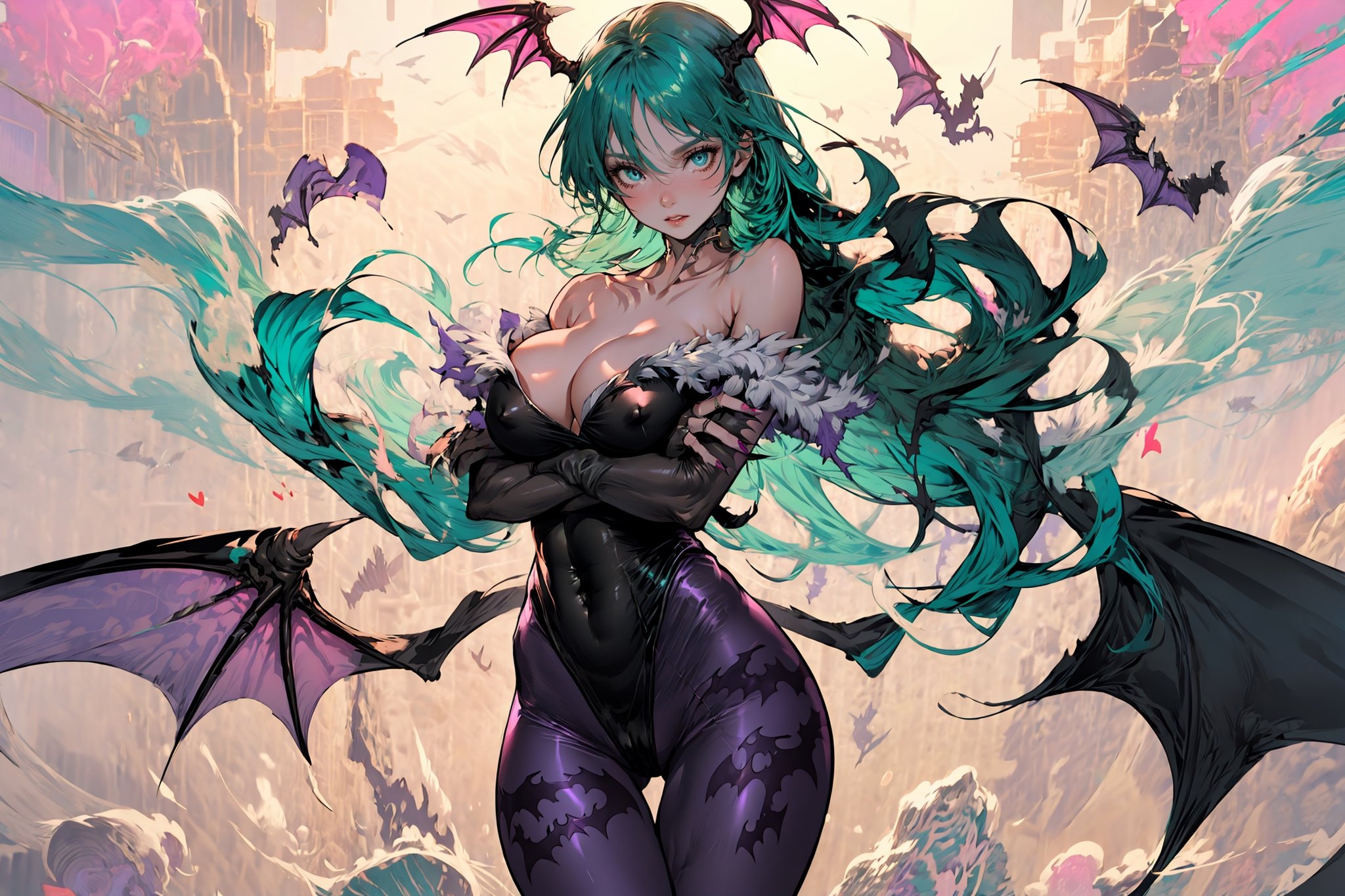 masterpiece, best quality, ,1girl, long hair, solo, breasts, print legwear, bat print, morrigan aensland, pantyhose, wings, head wings, large breasts, covered nipples, bridal gauntlets, animal print, leotard, green hair, demon girl, cleavage, bare shoulders, purple pantyhose, looking at viewer, green eyes, smile, collarbone, bat wings, bangs, cowboy shot, covered navel, purple wings, low wings, black leotard, fingernails, nail polish, floating hair, closed mouth, fur trim, heart cutout, demon wings, standing, long fingernails, bat (animal), highleg, clothing cutout, gloves, highleg leotard, crossed arms, parted bangs, v-shaped eyebrows, aqua eyes, >:), pink lips, breast hold, night, aqua hair, lips, strapless, blunt bangs,FFIXBG,edgGaruda_hoodie,DonMF43