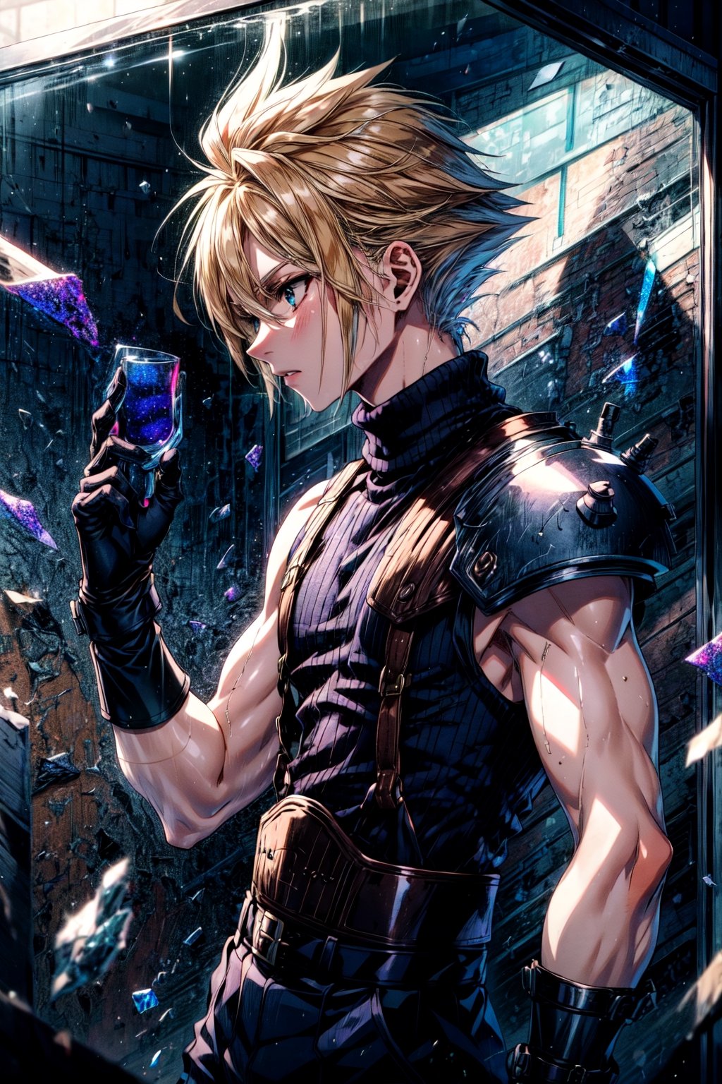 High Quality, Masterpiece, IncrsBrknGls, broken glass, reflection, , cloud strife, shoulder armor, sleeveless turtleneck, suspenders, belt, gloves, bracer, , solo, 1boy, from side,