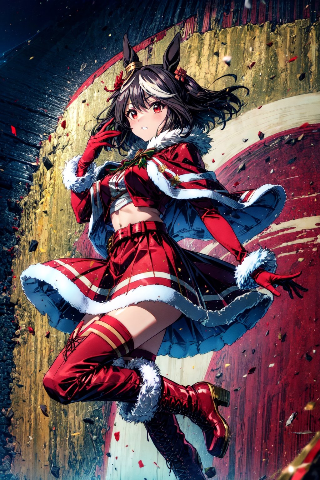 masterpiece, best quality, kitasan black \(umamusume\), santa costume, christmas, hair ornament, red headwear, crop top, red gloves, santa hat, belt, fur trim, red skirt, red capelet, fur-trimmed capelet, holding sack, fur-trimmed gloves, fur-trimmed boots, red footwear,