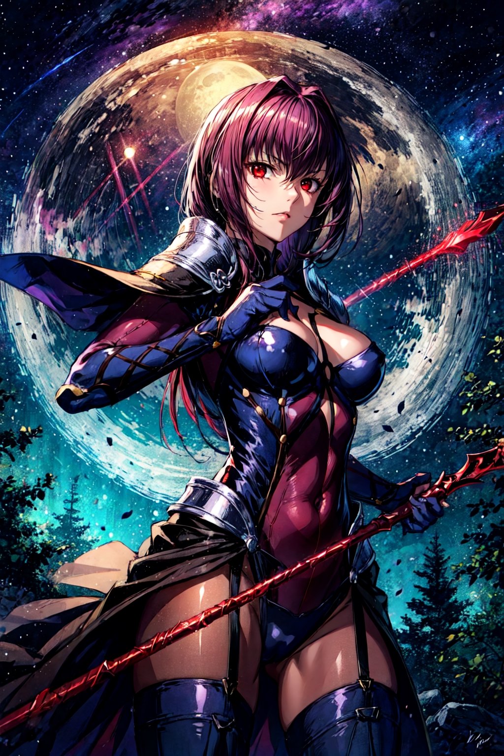 scathach, scathachBodysuit, masterpiece, best quality, absurdres, 1girl, standing, cowboy shot, looking at viewer, serious, forest, moon, night, spear, weapon, gae bolg,EpicSky,Circle