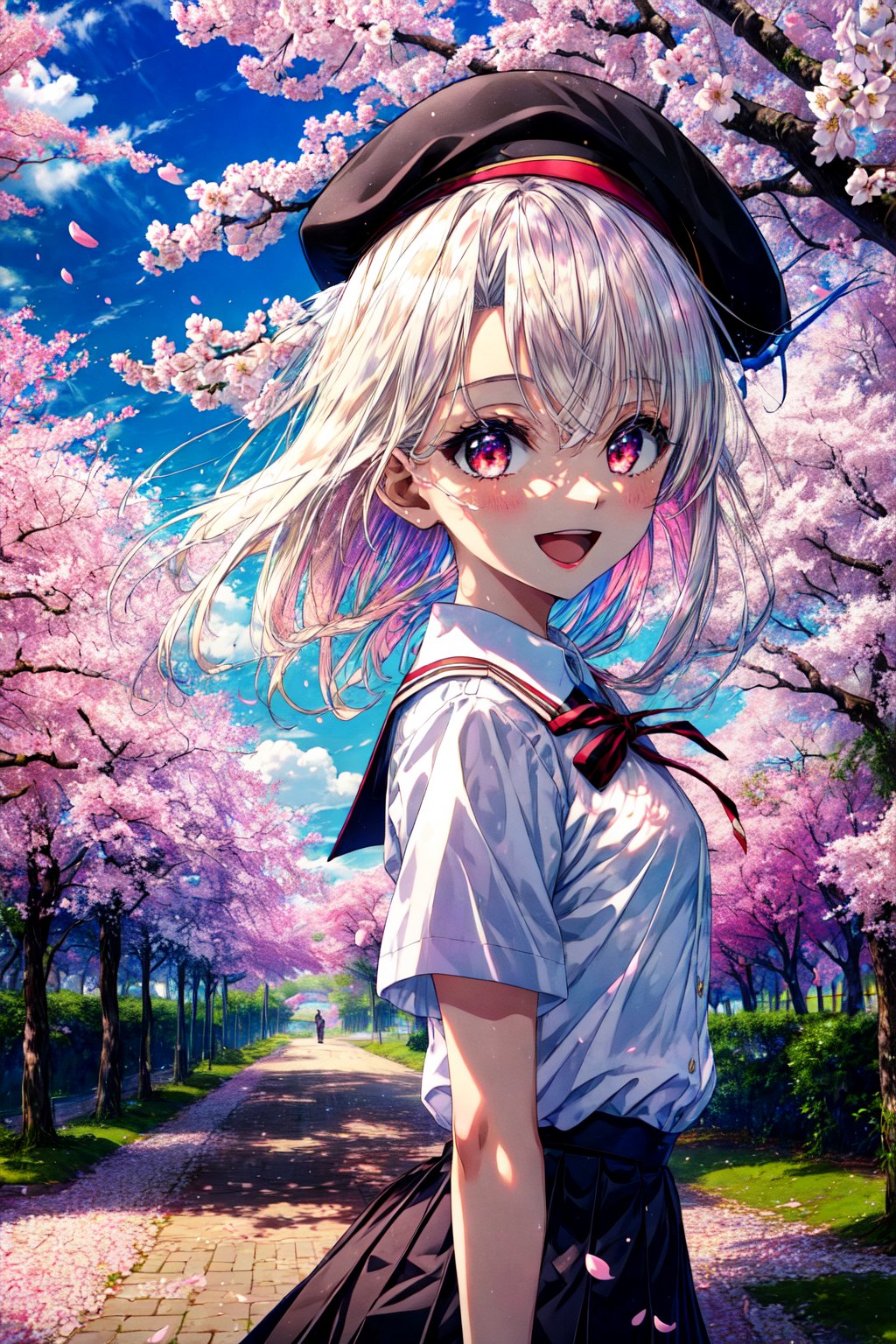 masterpiece, best quality, highres, aaillya, long hair, beret, white headwear, small breasts, school uniform, neck ribbon, white shirt, collared shirt, short sleeves, black skirt, , cherry blossoms, arms behind back, outdoors, standing, smile, open mouth, leaning forward,