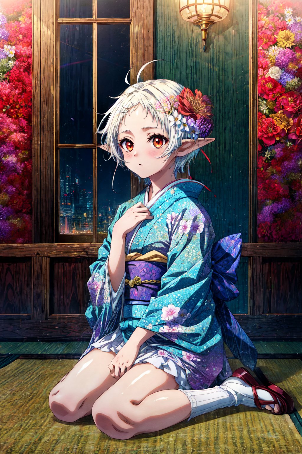 masterpiece, best quality, absurdres, Sylphiette, short hair, ahoge, indoors, kimono, hair flower, floral print, wariza, sitting, hands on own knees, 